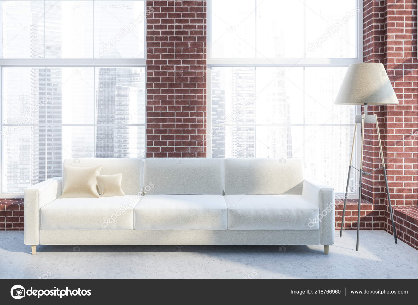 Luxury Living Room Interior Brick Walls Concrete Floor White