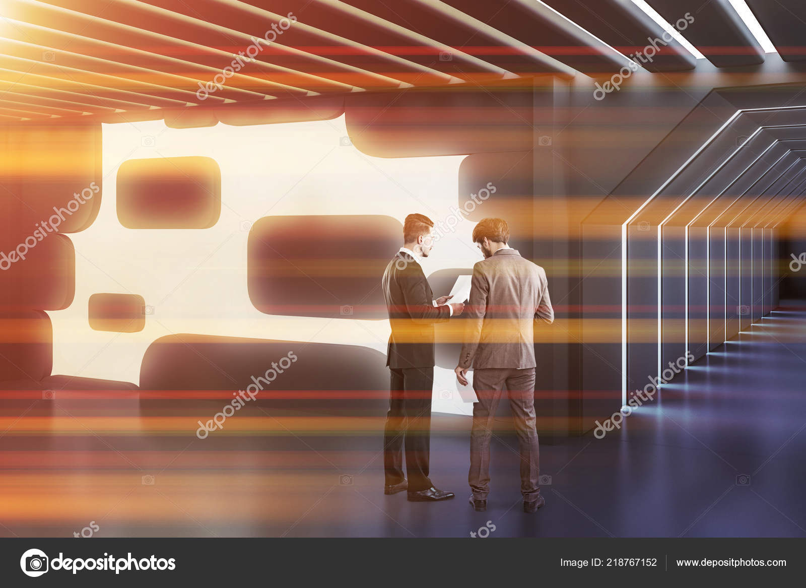 Business People Talking Gray Glowing Wall Futuristic Office