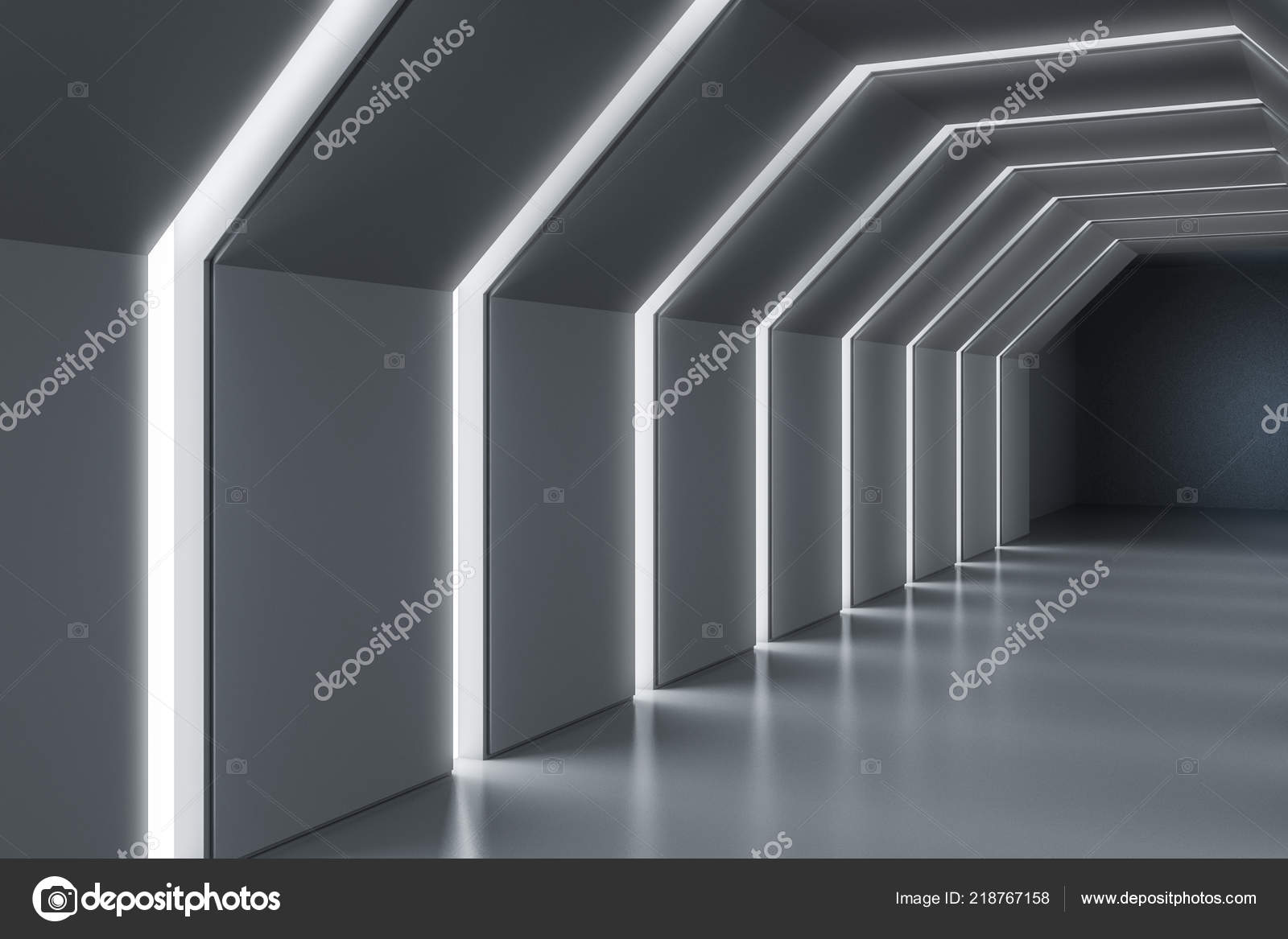 Side View Gray Hexagonal Tunnel Glowing Ceiling Futuristic