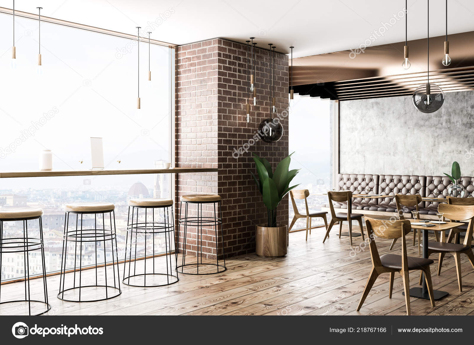 Interiof Modern Cafe Brick Concrete Walls Wooden Floor Square Tables