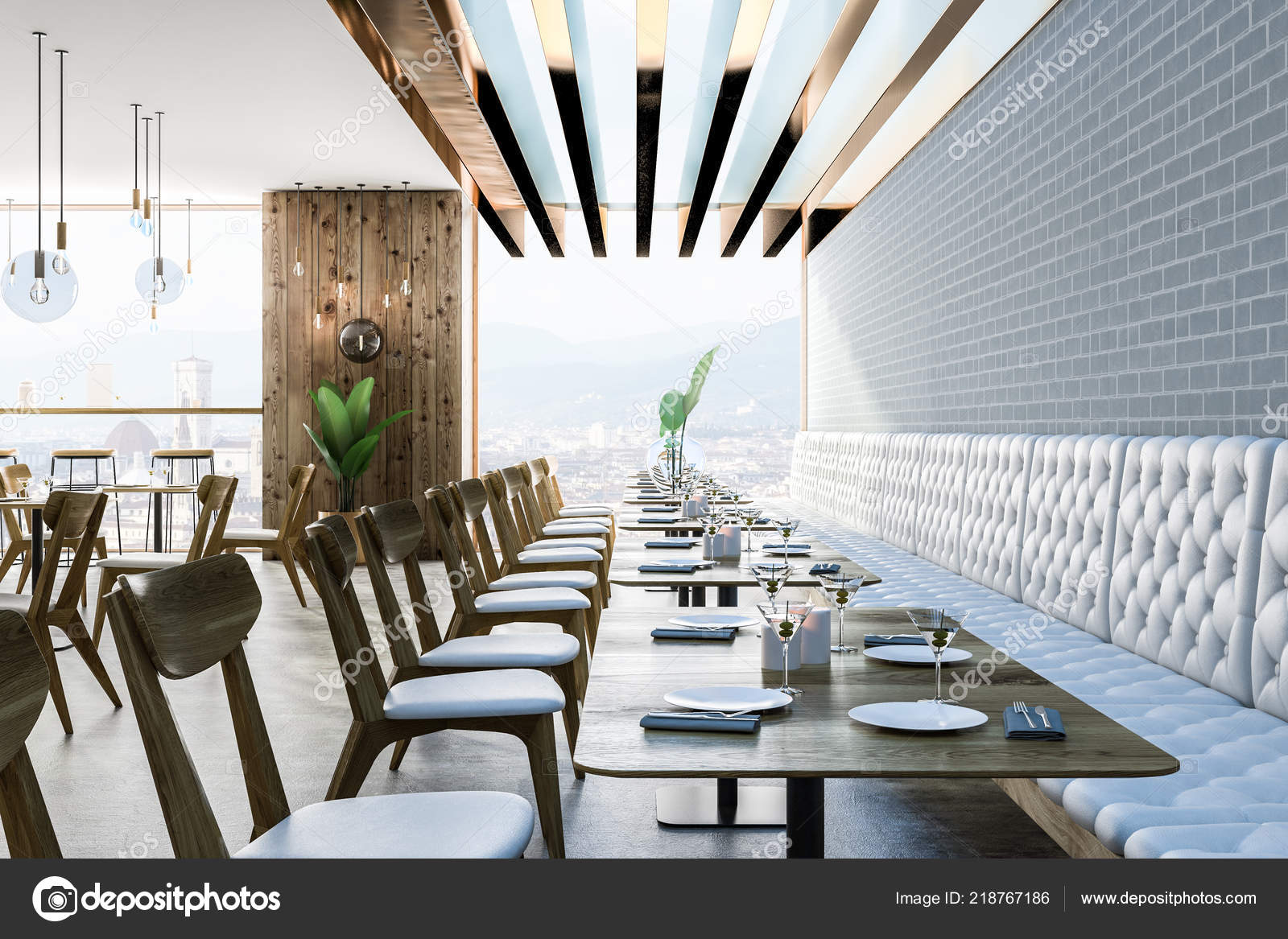 Side View Modern Restaurant Gray Brick Wooden Walls Concrete Floor