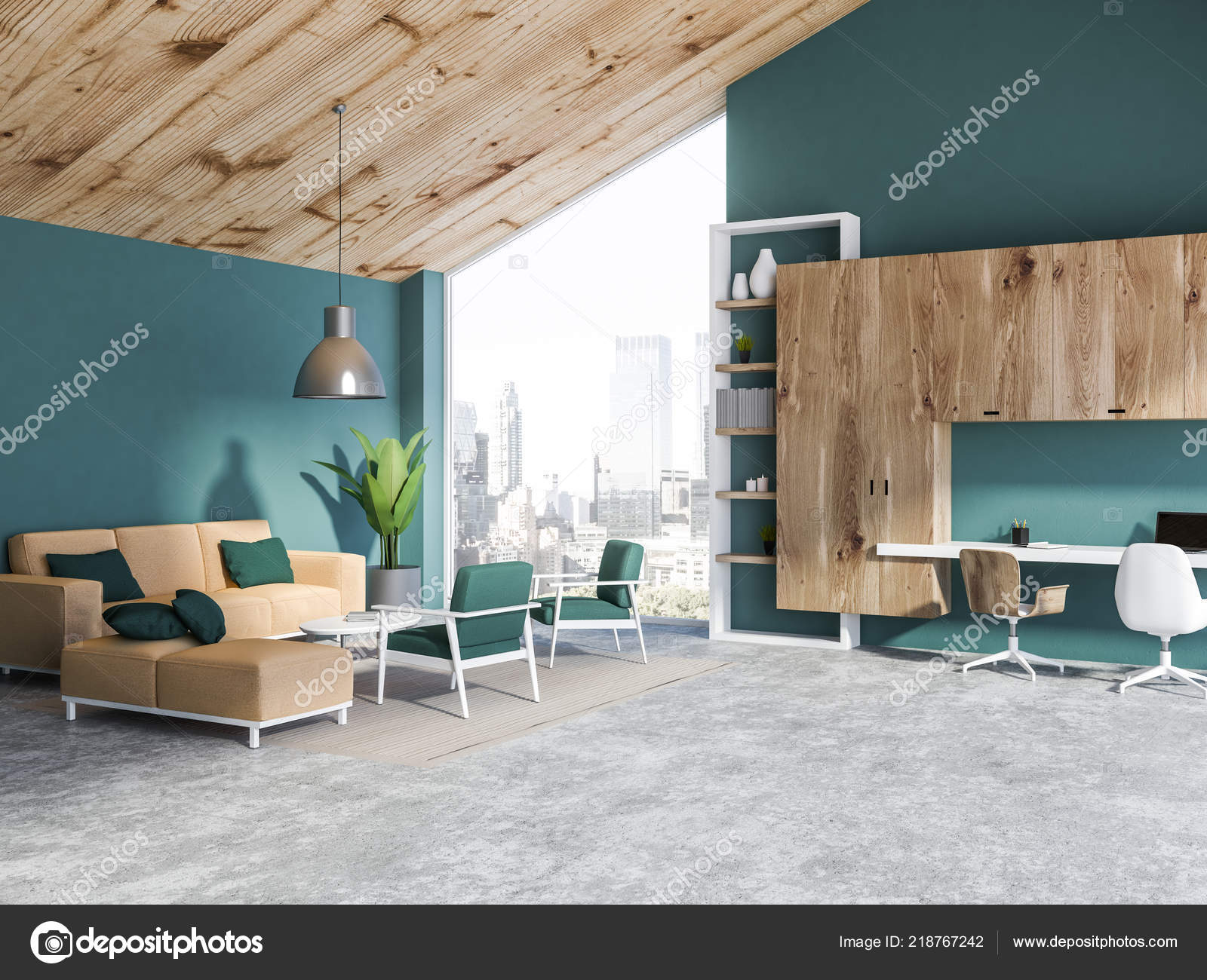 Interior Attic Home Office Green Walls Wooden Ceiling White