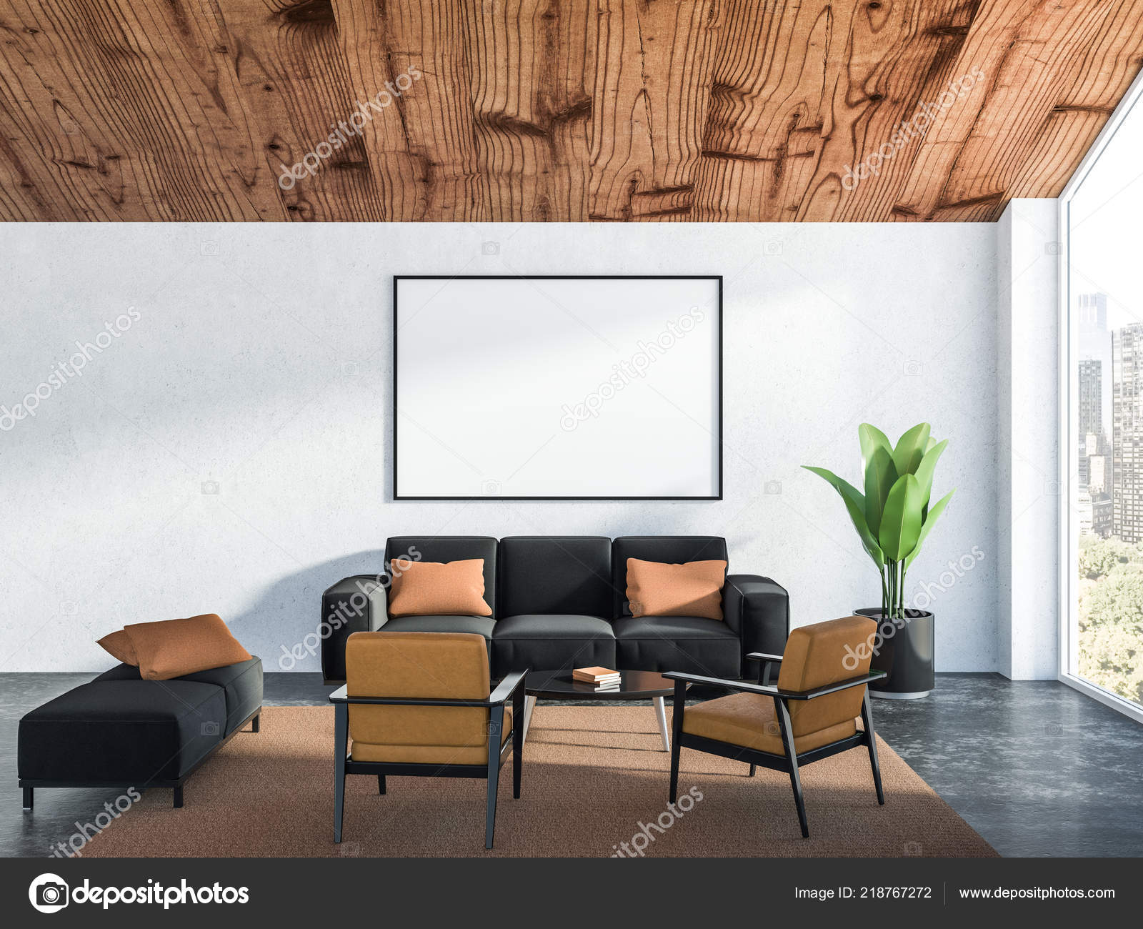 Interior Living Room White Walls Concrete Floor Black Couch