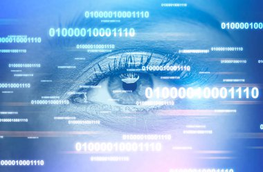 Kadın göz parlayan satır kod ile. Yüz tanıma, yapay zeka ve geleceği kavramı, merhaba teknik Toned görüntü çift pozlama