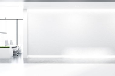 Minimalistic office interior with white walls, concrete floor with rows of massive white tables with black computer screens and panoramic windows. Mock up wall. 3d rendering clipart