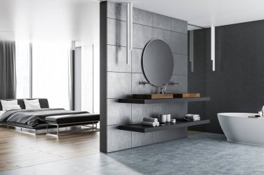 Yanında bir banyolu yatak odası iç. Gri duvarlar, beton ve ahşap kat. Lüks iç tasarım fikirleri konsepti. 3D render