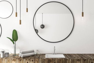 Beyaz banyo iç ile yuvarlak aynalar ve Rulo havlu içinde ahşap tezgah lavabo. Lüks Otel, spa, ev kavramı. 3D render