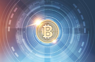 Kalın bitcoin hud arayüzü kod satır ile mavi arka plan üzerinde parlayan. Blockchain ve araştırma kavramı. 3D render tonlu görüntü