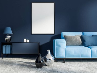 Koyu mavi duvarlar, beton zemin üzerine vazo ile kitap, mumlar ve lamba ve poster çerçevesi kadar dikey sahte bir kabine ile oturma odası iç. Hafif mavi kanepe. 3D render