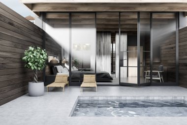 Ahşap duvarlar, güverte sandalyeleri, bir pot ve arka odada bir ağaçta özel havuz iç. Lüks yaşam tarzı kavramı. 3D render