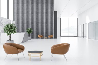 Uzun beyaz ve gri resepsiyon masa ile ofis resepsiyon alanı, gri ve mermer duvarlar, panoramik pencerelere ve deri koltuklar temiz yakınındaki sehpa yuvarlak. 3D render