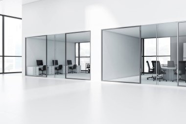 Lobi beyaz ve cam duvarlar, beyaz bilgisayar masaları siyah sandalye ve bir konferans salonu ile modern bir şirketin. 3D render kopya alanı