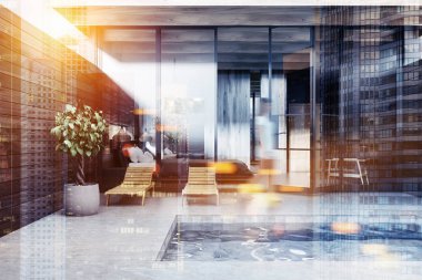 Koyu ahşap duvarlar, şezlonglar ve arka planda yatak odası ile özel havuz iç. Lüks yaşam tarzı kavramı. Yürüyen kadın. Tonlu görüntü çift pozlama bulanık