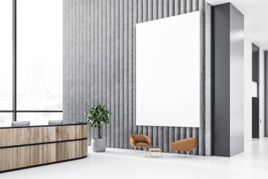 Ofis resepsiyon alanı uzun ahşap resepsiyon masa ile siyah ve gri duvarlar, panoramik pencerelere ve deri koltuklar temiz yakınındaki sehpa yuvarlak. 3D render dikey sahte kadar poster