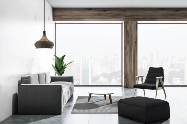 Beyaz mermer çatı oturma odası iç beton zemin, gri kanepe, siyah koltuklar ve yuvarlak sehpa ile birlikte. 3D render