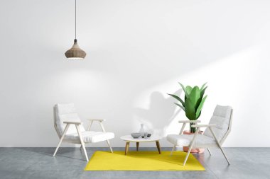 Minimalist beyaz salon iç beton zemin, beyaz koltuklar ve yuvarlak sehpa duran sarı halı ile birlikte. 3D render alay