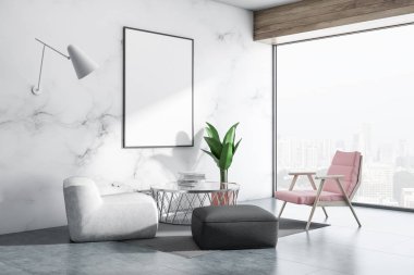 Beyaz mermer oturma odası iç beton zemin, beyaz, pembe ve gri koltuklar ve poster çerçevesi üzerinde asılı kadar dikey sahte ile yuvarlak sehpa ile birlikte. 3D render