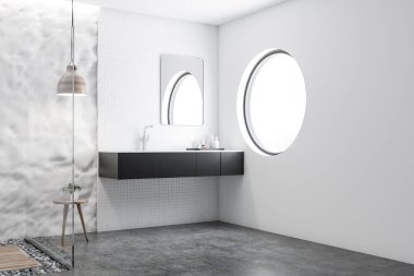 Beyaz çini ve ham duvar banyo iç siyah lavabo, dikey ayna ve cam duvar duş. Beton zemin. 3D render