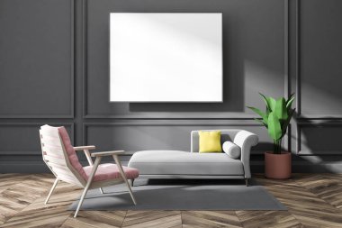 Minimalist gri oturma odası iç ahşap zemin, gri kanepe ve pembe gri halı koltuk ayakta ile. 3D render yatay poster çerçevesi kadar sahte