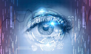 Güzel kadın göz hud arabirimi ve çevresinde kod satırları kapatın. Grafikler ve hologram kavram AI, merhaba teknik ve yüz tanıma. Çift tonlu görüntü pozlaması