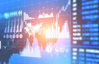 Earth harita grafikler ve infographics türleri ile mavi arka plan üzerinde. Borsa kavramı. 3D render resim çift pozlama Nasa tarafından döşenmiş bu görüntü unsurları tonda
