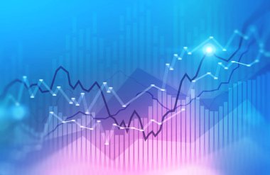 Mavi ve mor forex grafikleri, çubuk grafikler ve diyagramlar üzerinde mavi arka plan. Sürükleyici arayüzü ve fintech kavramı. Tonlu görüntü pozlama sahte katlayın