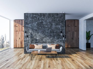 Lüks salon iç panoramik pencerelere, beton duvar ve gri kanepe yastıkları bir sehpa yanında duran ile. 3D render alay