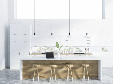 Beyaz duvarlar, beton zemin, mutfak iç ile beyaz mutfak tezgahı aletleri ve tablo ahşap sandalye ile inşa. 3D render