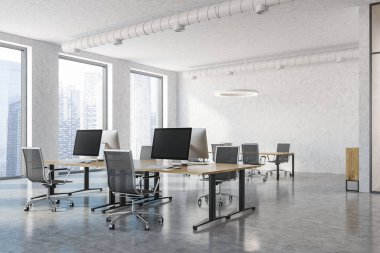 Sanayi tarzı ofis iç beton duvarlar ve zemin ile borular metal sandalye onlara yakın duran ile tavandan ve ahşap mobilyalı kasalar yakınındaki. Panoramik pencerelere. 3D render kopya alanı