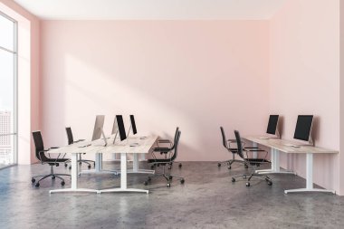 Interior of open plan office with pink walls, a concrete floor, rows of wooden computer desks and panoramic windows. 3d rendering copy space clipart