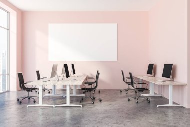 Interior of open plan office with pink walls, a concrete floor, rows of wooden computer desks and panoramic windows. 3d rendering Horizontal mock up poster clipart