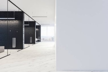 Lobi ve siyah petek desen ve beyaz duvarları, cam kapılar ve satır bilgisayarlarla küçük odalar, modern bir ofis. 3D render kadar alay