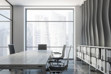Toplantı odası iç dalga desen duvar, ahşap döşeme zemin, onları klasörlerde raflara satır ve metal sandalye içeren uzun tablo. Önden görünüm. 3D render