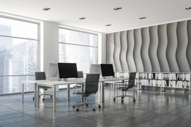 Open plan office corner with wave pattern wall, wooden tiles floor, rows of computer tables with metallic chairs and shelves with folders in them. 3d rendering clipart