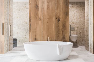 Lüks banyo ahşap duvarlar, beyaz ile iç döşeme zemin ve beyaz küvet. Dikey ayna ve bir tuvalet. 3D render kopya alanı