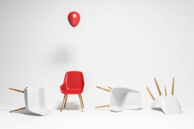 Beyaz sandalye beyaz oda yerde yatıyor. Bir balon konumu olan kırmızı sandalye. Benzersiz ve hayat ve iş dünyasında güçlü olma kavramı. 3D render kopya alanı