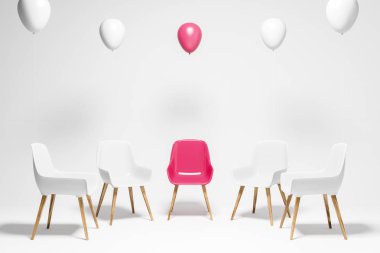 Daire bir pembe sandalye ve balon ortasındaki beyaz koltukları. Beyin fırtınası ve grup terapisi kavramı. 3D render