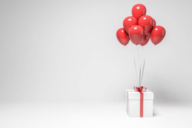 Bu boş beyaz odada beyaz hediye kutu kırmızı kurdele ve birçok kırmızı balon ile bağlı. Pazarlama ve reklam kavramı. 3D render alay