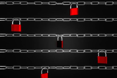 Yatay satırlar üzerinde asılı parlak kırmızı asma kilitler ile siyah arka plan üzerinde çelik zincirleri. Güvenlik ve kimlik hırsızlığı kavramı. 3D render
