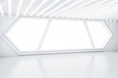 Fütüristik boş beyaz Işıklı tavan ve oda altıgen şekilli pencere. Yaratıcılık mimaride ve Merhaba kavramı teknik 3d render