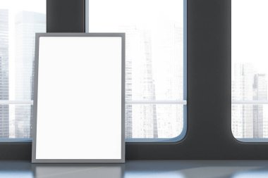 Gri duvarlar ve zemin ve loft windows ile modern cityscape fütüristik office lobi iç. Dikey afiş yere kadar sahte. 3D render