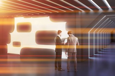 Gri parlak iş insanları fütüristik office lobi iç duvar. Konsept, tasarım fikirleri ve mimari. Tonlu görüntü