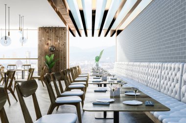 Gri tuğla ve ahşap duvarlar, beton zemin, beyaz kanepe ve sandalye ile kare tablo ile modern restoran yan görünüm. 3D render