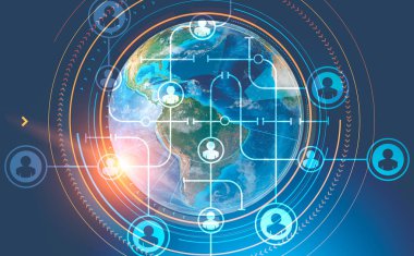 Hud arabiriminde insanlar ile dünya üzerinde mavi arka plan hologram ağ. Kavramı Merhaba teknik 3d render tonlu görüntü çift pozlama bu görüntü unsurları Nasa tarafından döşenmiş