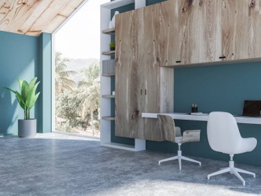 O ve beyaz kitaplık ev ofis köşesinde mavi yeşil duvarlar, beton zemin, beyaz bilgisayar bir dizüstü bilgisayar ile tablo. 3D render