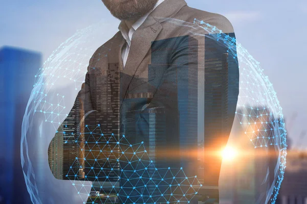 Unrecognizable Bearded Businessman Standing Crossed Arms Evening Cityscape Earth Hologram — Stock Photo, Image