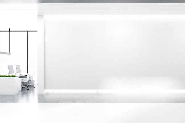 Minimalistic Office Interior White Walls Concrete Floor Rows Massive White — Stock Photo, Image