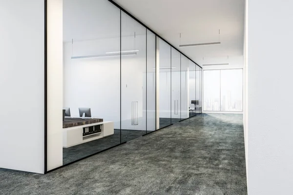 Lobby of modern office with white and glass walls, concrete floor and row of small rooms with computer tables. Consulting company interior concept. 3d rendering