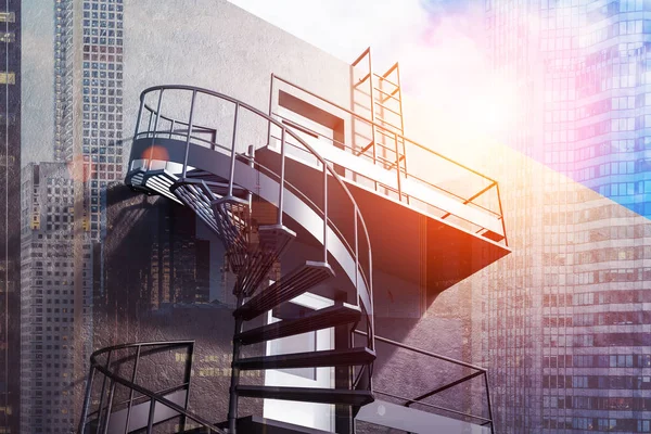 Low angle view of grey house wall with gray spiral fire escape stairs. Concept of having an escape route in business and life. 3d rendering toned image double exposure city