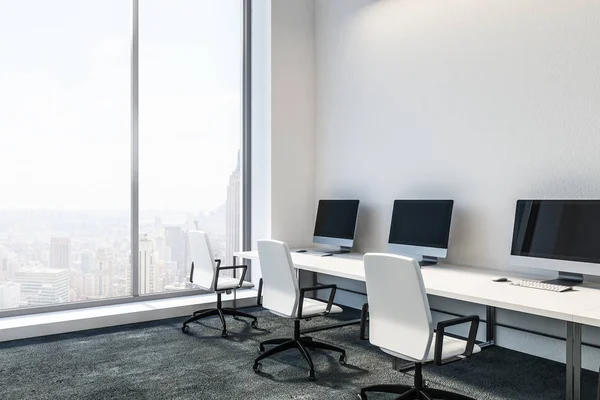 Corner of modern office with white walls, gray floor and a row of white computer desks standing along the wall. Panoramic cityscape window. Consulting company interior concept. 3d rendering mock up